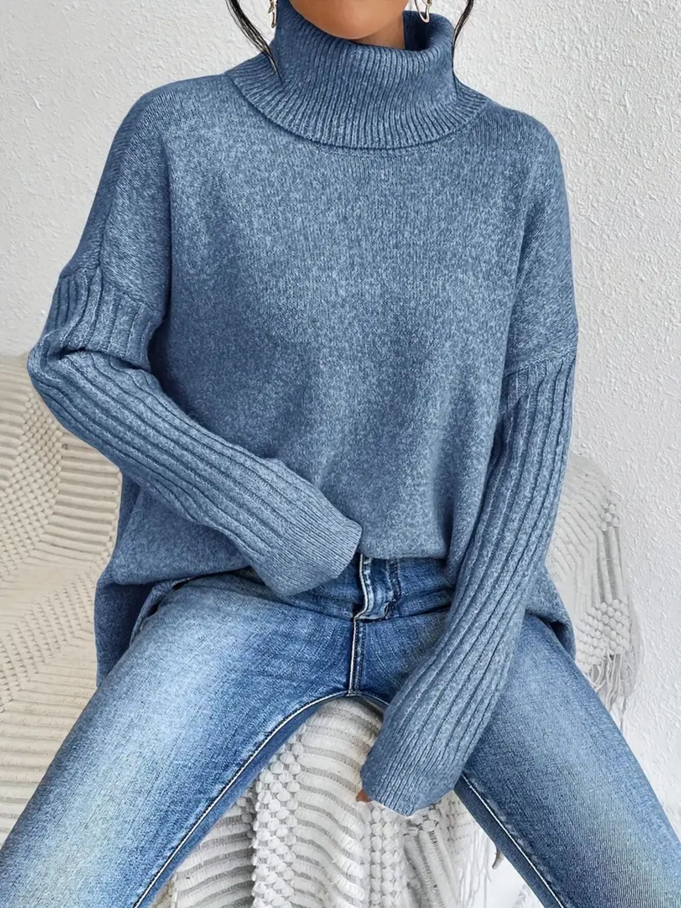 Pull Col Roulé Irrégulier pour Femmes – Pull Tricoté Ample à Manches Longues