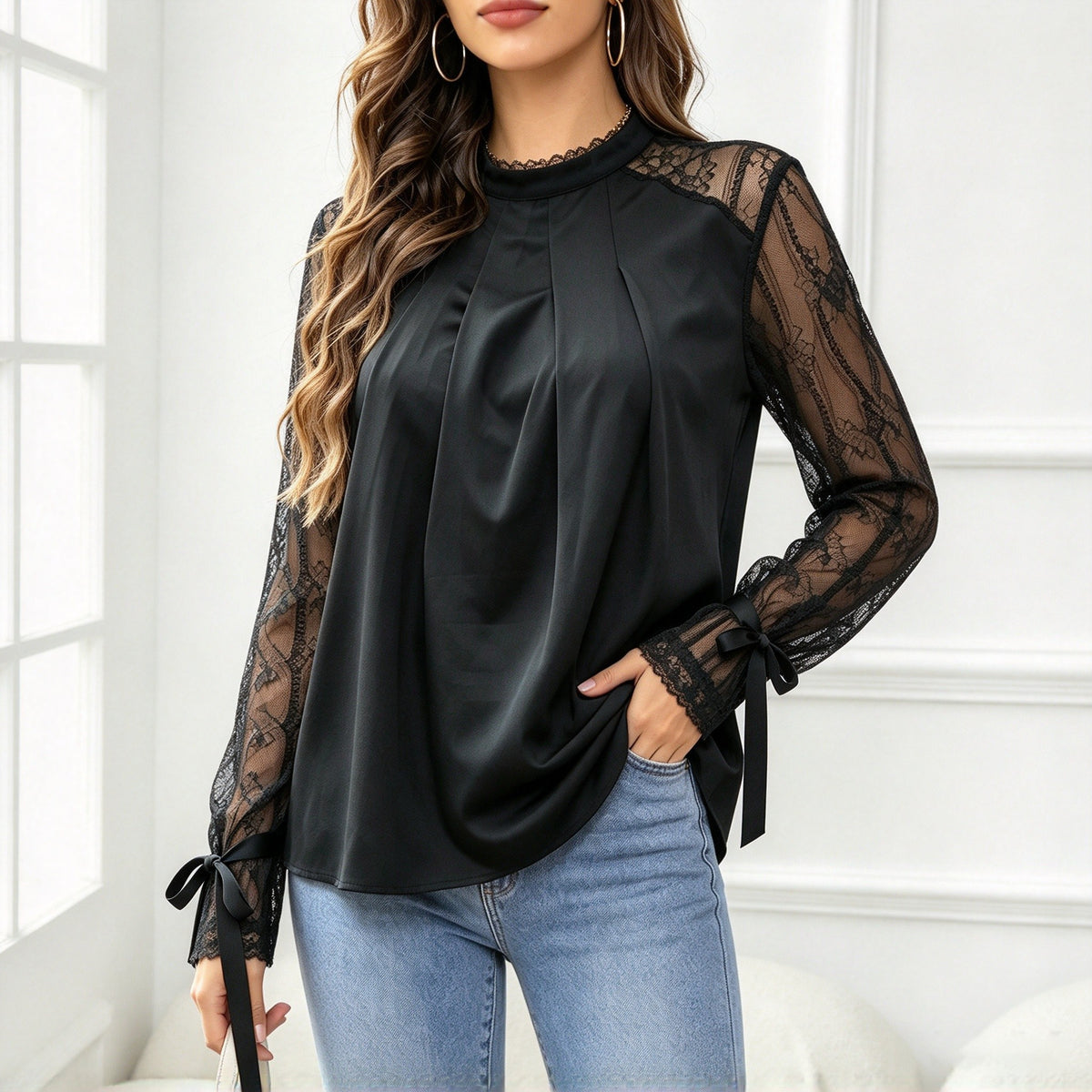 Blouse femme col montant plissee dentelle - Elegante et raffinee