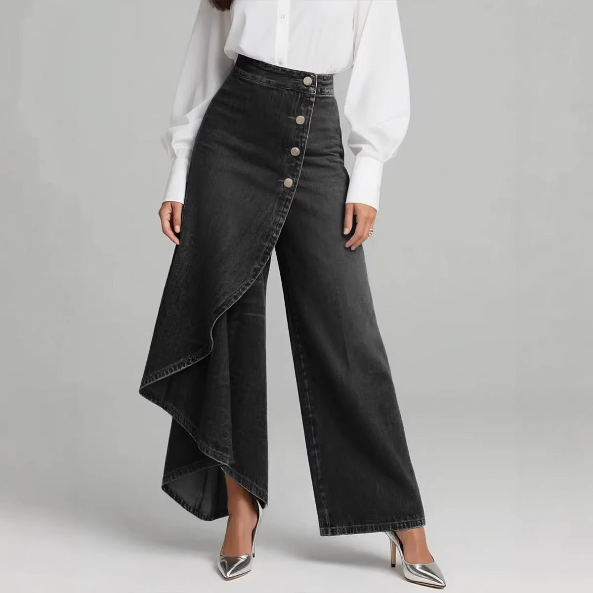 Pantalon faux jean droit unique pour femmes – Pantalon mode avec boutons à volants