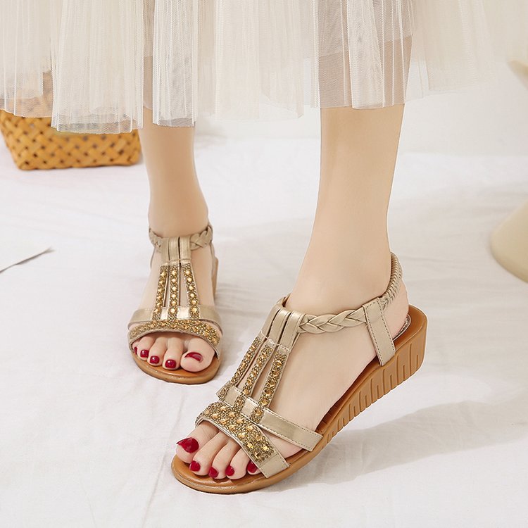 Sandales compensées boho élégantes pour femme avec strass – Ouvertes et confortables pour l’été