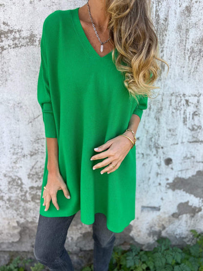 Pull Femme Oversize À Col V Tricoté en Noir