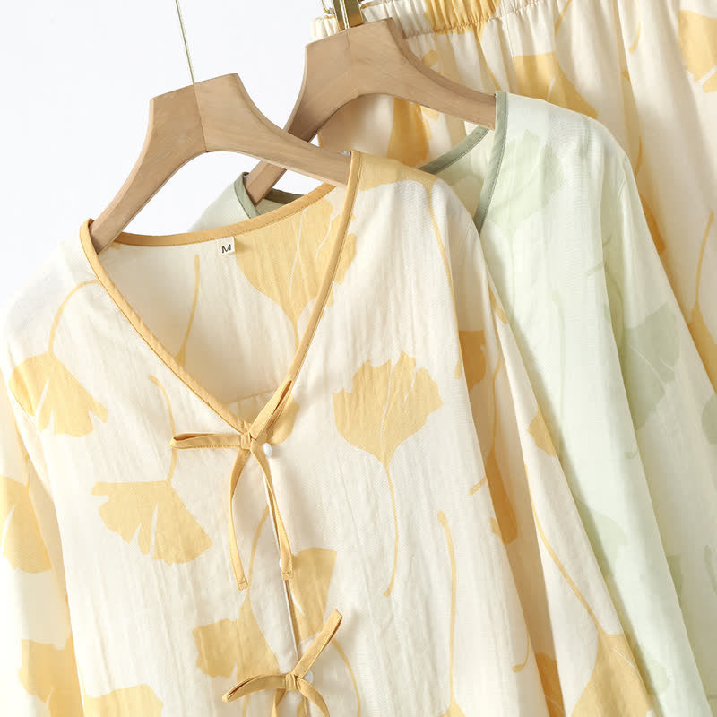 Pyjama Décontracté Élégant Femme à Feuilles de Ginkgo – Ensemble 2 Pièces Léger et Doux en Coton avec Noeud Décoratif et Coupe Ample