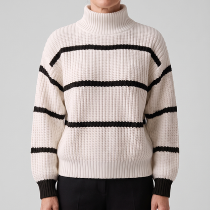 Stribet sweater med ståkrave til kvinder - Blød og moderne