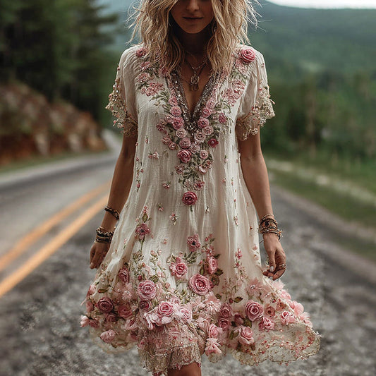 V-Neck Embroidered Floral Dress – Floral Elegance and Romantic Style