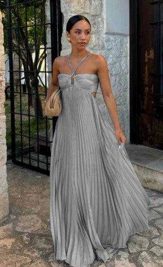 Vestido plisado sin mangas para mujer, de talle alto y espalda descubierta