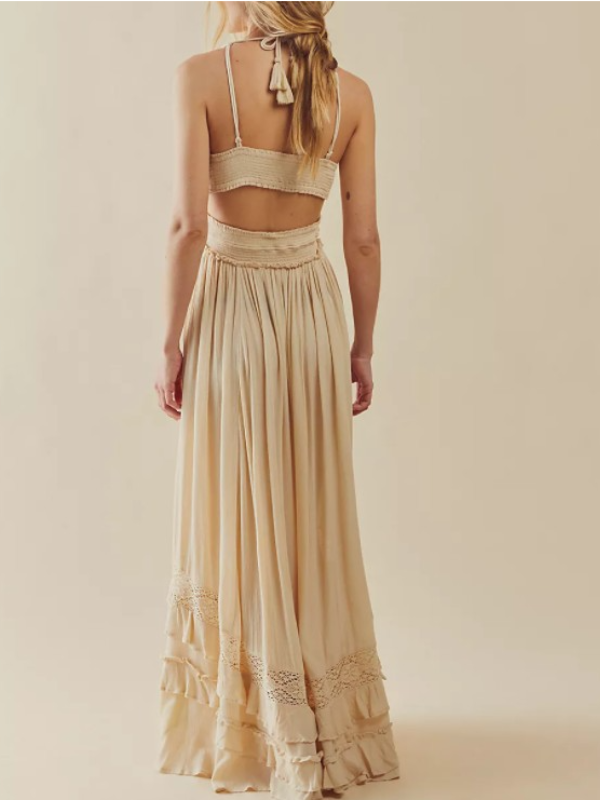 Robe Maxi Crème Élégante Femme – Fluide Sans Manches avec Dos Nu