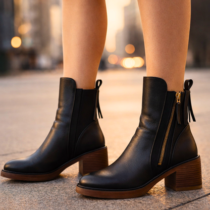 Bottines femme en cuir à talon – Bottes cheville élégantes avec semelle intérieure rembourrée et zip métallique
