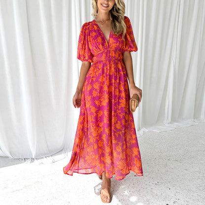 Robe Maxi Femme Col V Évasée Invitée à un Mariage - Flatteuse, Gracieuse