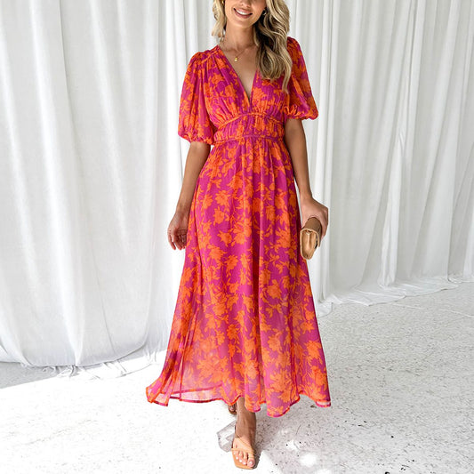 Robe Maxi Femme Col V Évasée Invitée à un Mariage - Flatteuse, Gracieuse