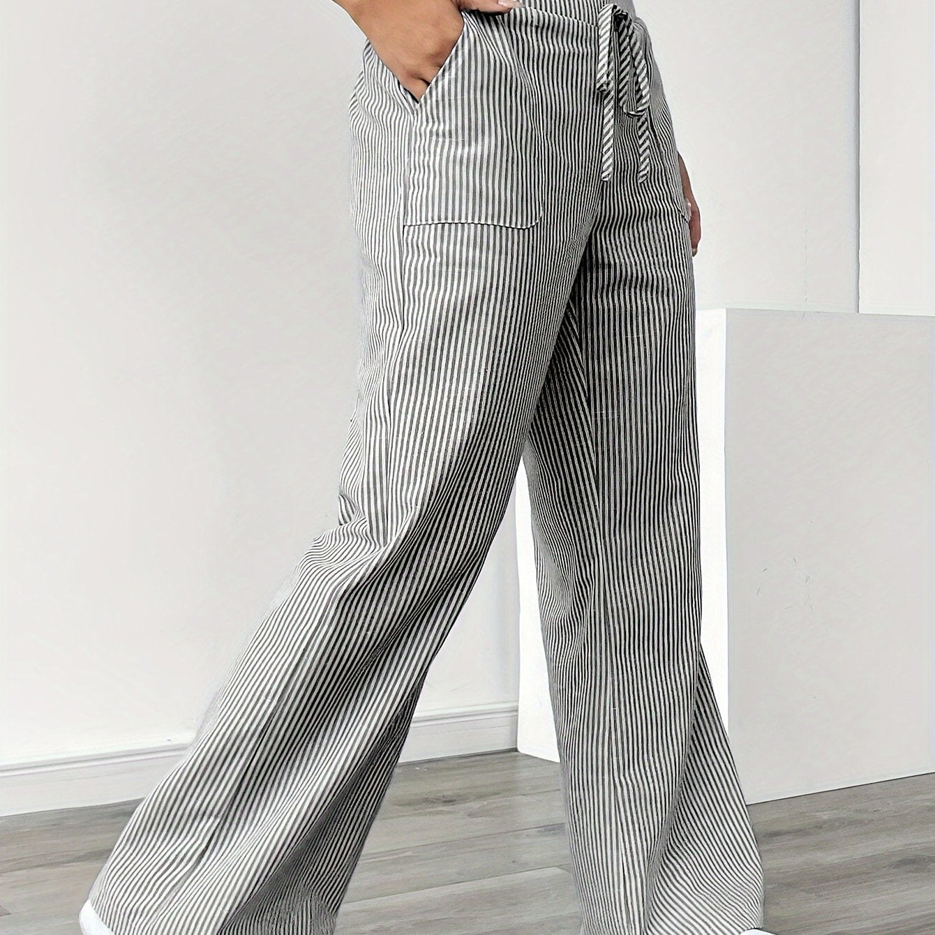 Pantalon Jambe Large à Poches Latérales, Imprimé Rayé Décontracté Taille Cordon, Printemps &amp; Été, Vêtements pour Femmes