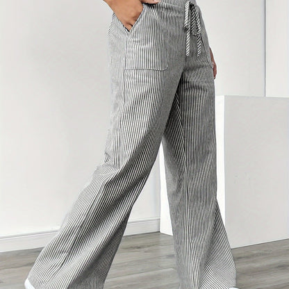 Pantalon Jambe Large à Poches Latérales, Imprimé Rayé Décontracté Taille Cordon, Printemps &amp; Été, Vêtements pour Femmes
