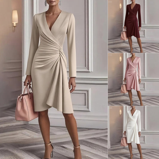 Elegant Midi Dress for Women with Gathered V-Neck – Fitted A-Line Cut