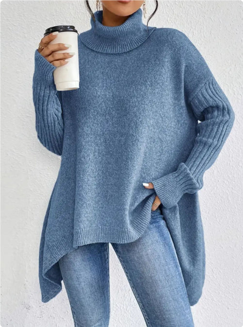 Pull Col Roulé Irrégulier pour Femmes – Pull Tricoté Ample à Manches Longues