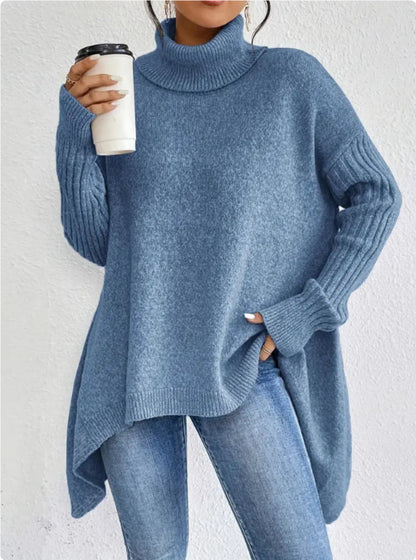 Pull Col Roulé Irrégulier pour Femmes – Pull Tricoté Ample à Manches Longues