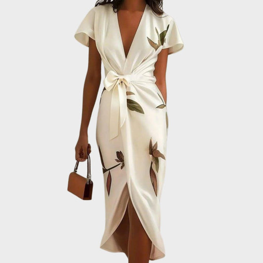 Elegant Midi Wrap Dress in Satin for Women – Floral Print Short Sleeves