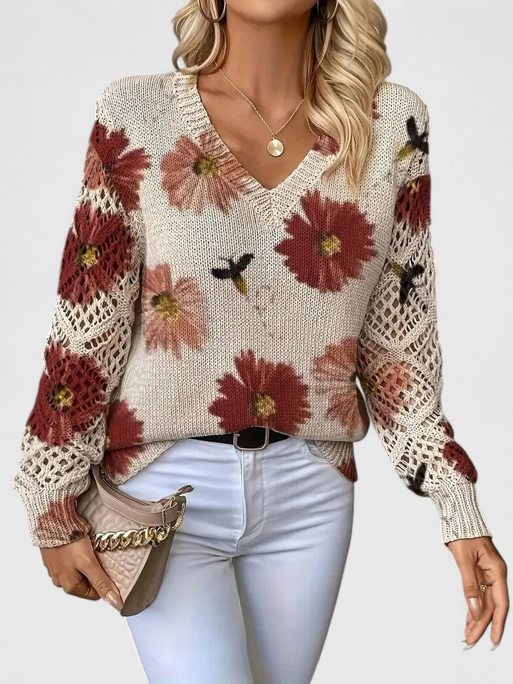 Pull Femme à Col V Tricoté à Fleurs – Pull Moderne Élégant