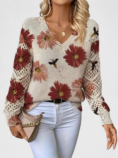 Pull Femme à Col V Tricoté à Fleurs – Pull Moderne Élégant