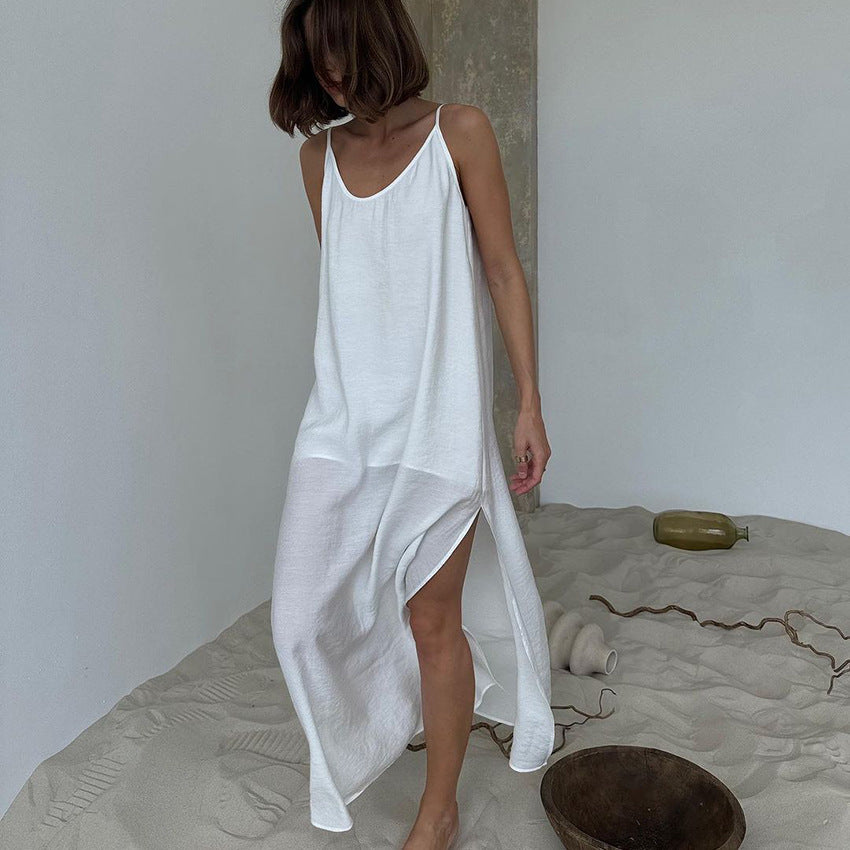Robe Longue Élégante Minimaliste à Bretelles pour Femme – Été Décontracté Blanche