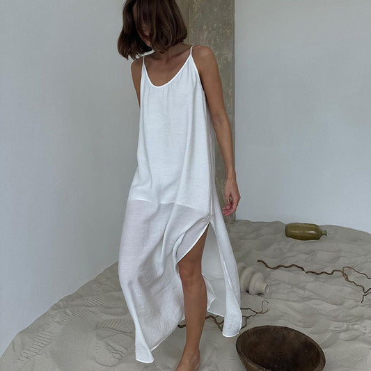 Elegant Long Simple Strap Dress for Women – Casual Summer White