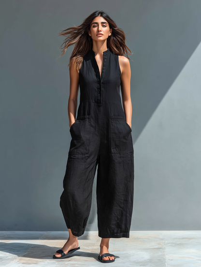 Combinaison femme sans manches en melange de lin - Minimaliste et moderne