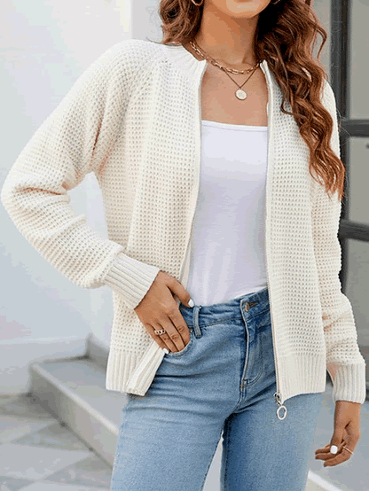 Women's solid-color zip-up long-sleeve cardigan - Simple and comfortable