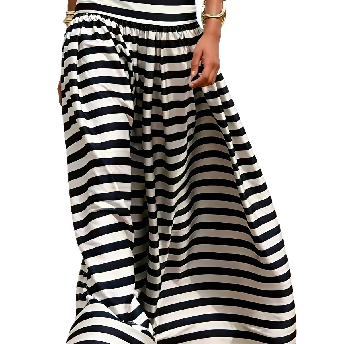 Gonna midi svasata donna vita alta a righe stile spiaggia - Fluida ed estiva