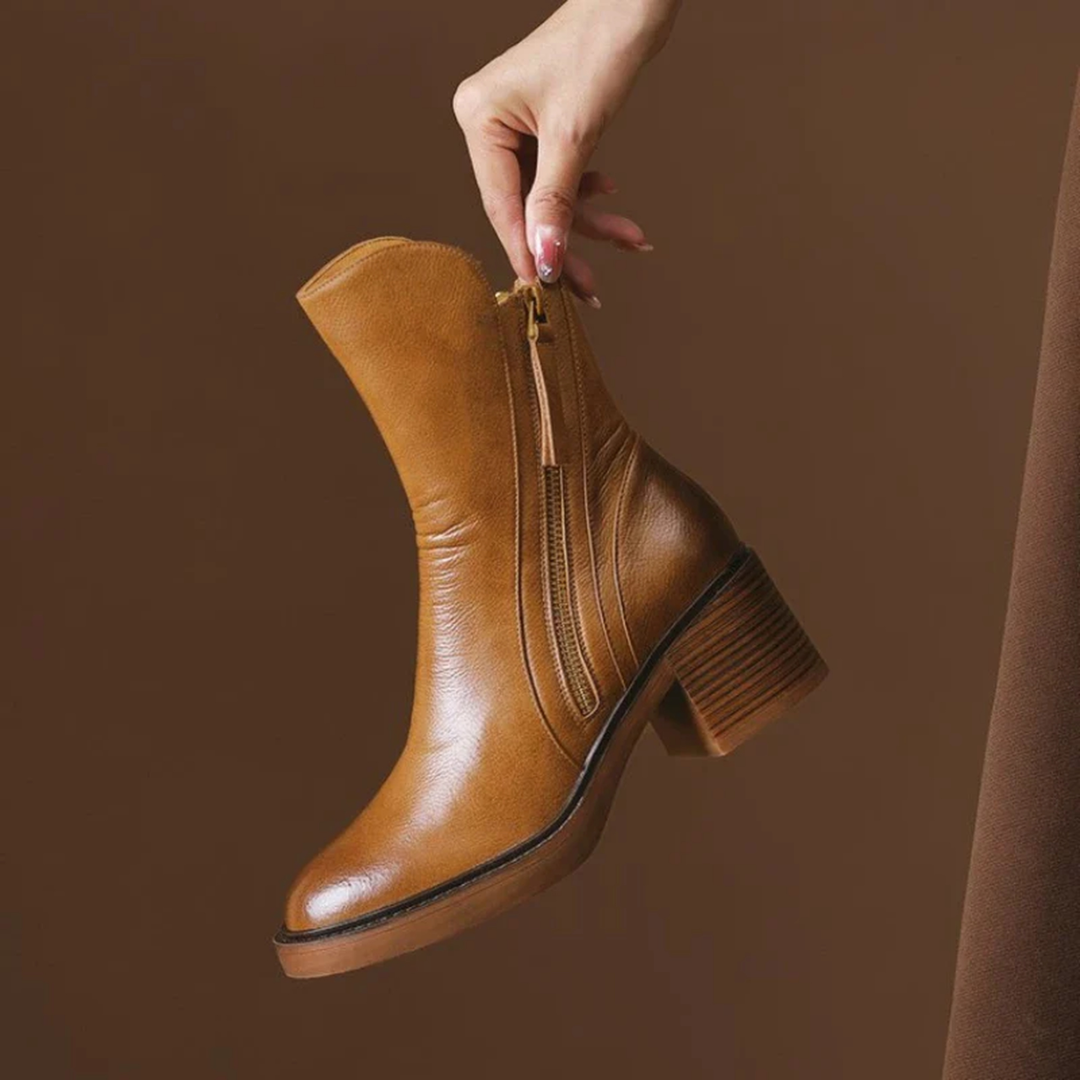 Bottines femme en cuir à talon – Bottes cheville élégantes avec semelle intérieure rembourrée et zip métallique