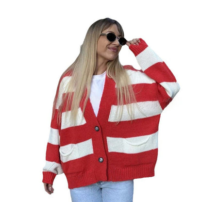 Women's striped cardigan - V-neck and long sleeves