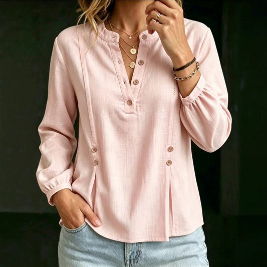 Chemise femme en coton et lin à col mandarin – Manches longues, style estival décontracté