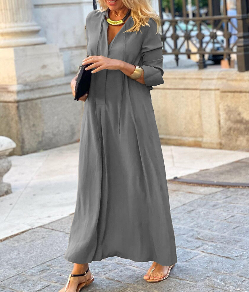 Robe Maxi Femme Coupe Décontractée à Col V – Style Élégant à Manches Longues