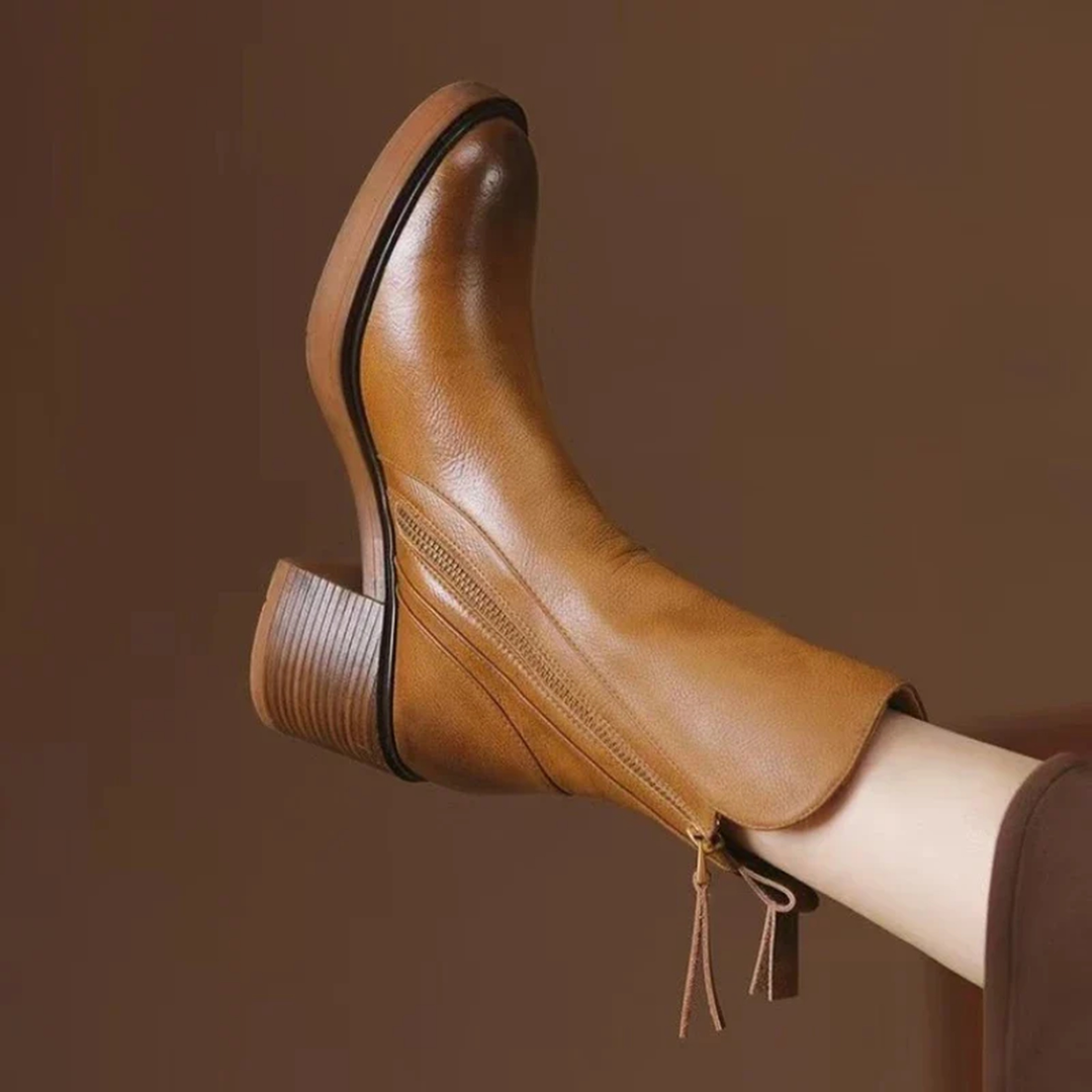 Bottines femme en cuir à talon – Bottes cheville élégantes avec semelle intérieure rembourrée et zip métallique