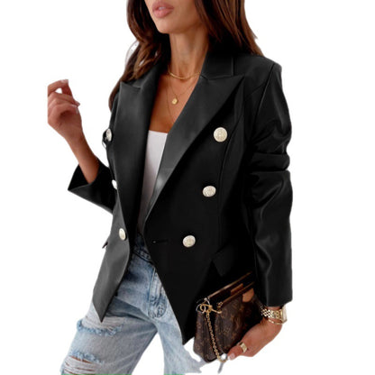 Blazer da donna a maniche lunghe in pelle sintetica, doppiopetto – Stile chic, elegante, casual e raffinato