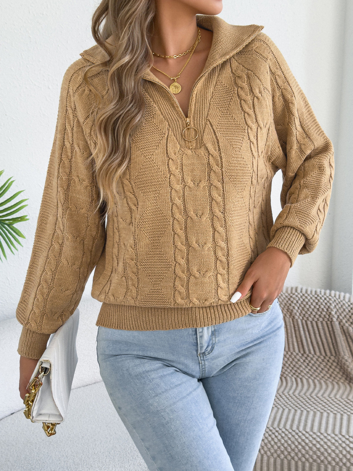 Pull femme torsade avec zip - Chaud et pratique