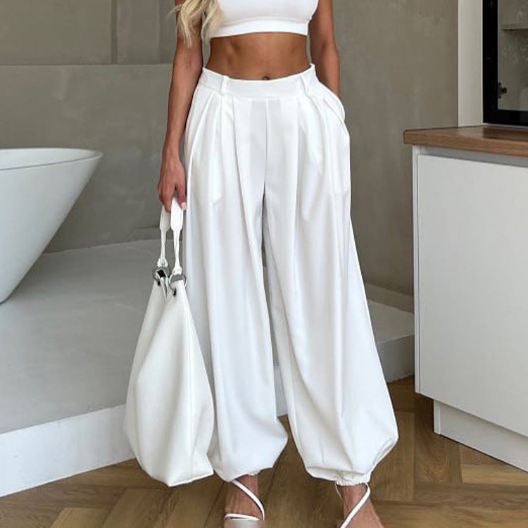 Pantalon femme blanc taille haute coupe ample