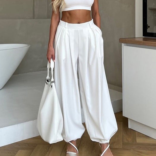 Pantalon femme blanc taille haute coupe ample
