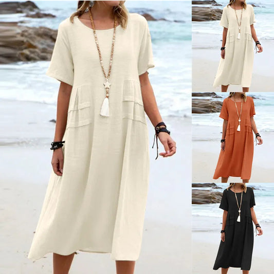 Robe midi ample femme en coton lin respirant à manches courtes