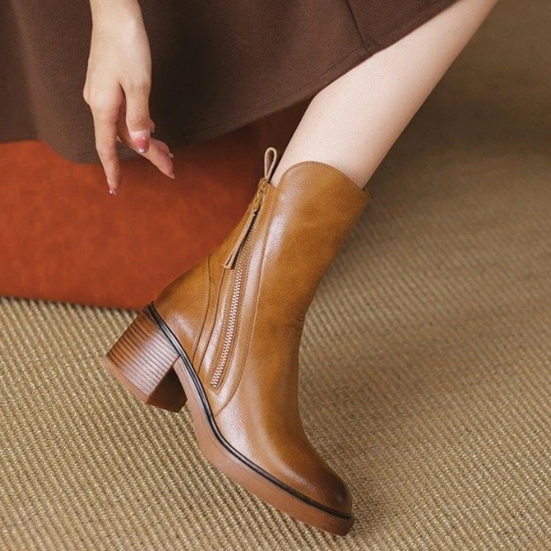 Bottines femme en cuir à talon – Bottes cheville élégantes avec semelle intérieure rembourrée et zip métallique