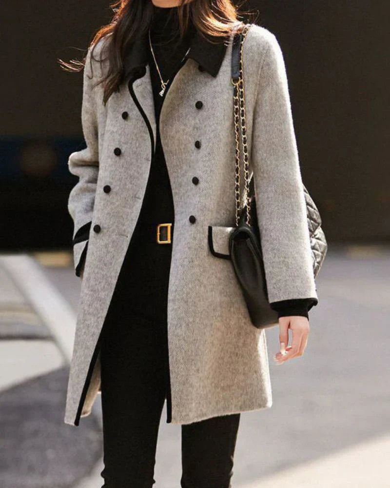 Manteau en laine contrastée premium pour femme – Élégant à boutons