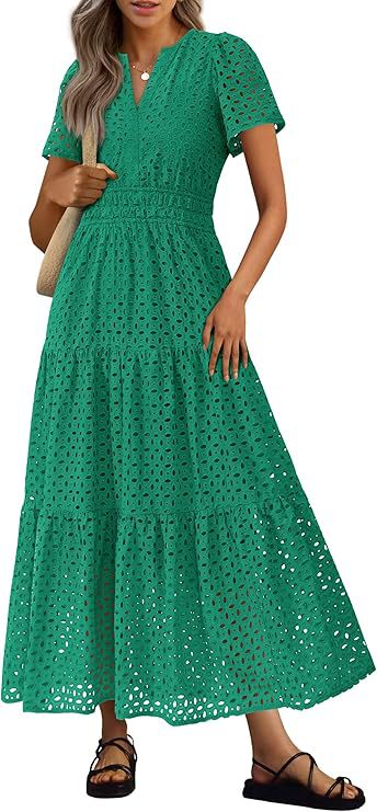 Robe Longue Fluide de Vacances à la Plage pour Femme – Style Col en V à Manches Courtes Eyelet