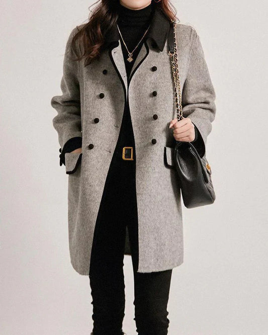 Manteau en laine contrastée premium pour femme – Élégant à boutons