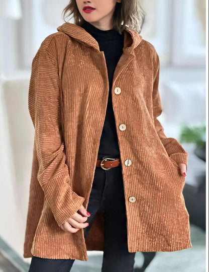 Veste Femme Élégante en Velours Côtelé à Capuche – Pull Boutonné Mi-Long Décontracté