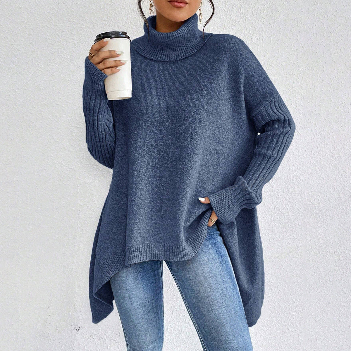 Pull Col Roulé Irrégulier pour Femmes – Pull Tricoté Ample à Manches Longues