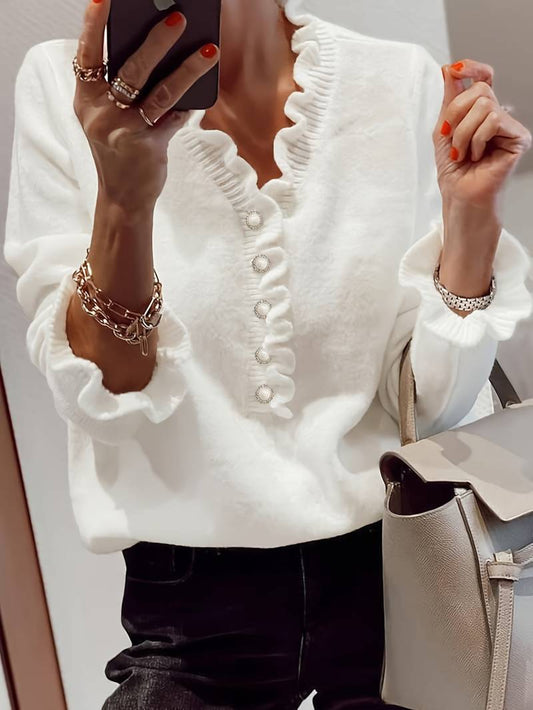 Pull blanc élégant à col en V pour femme – Détails à volants