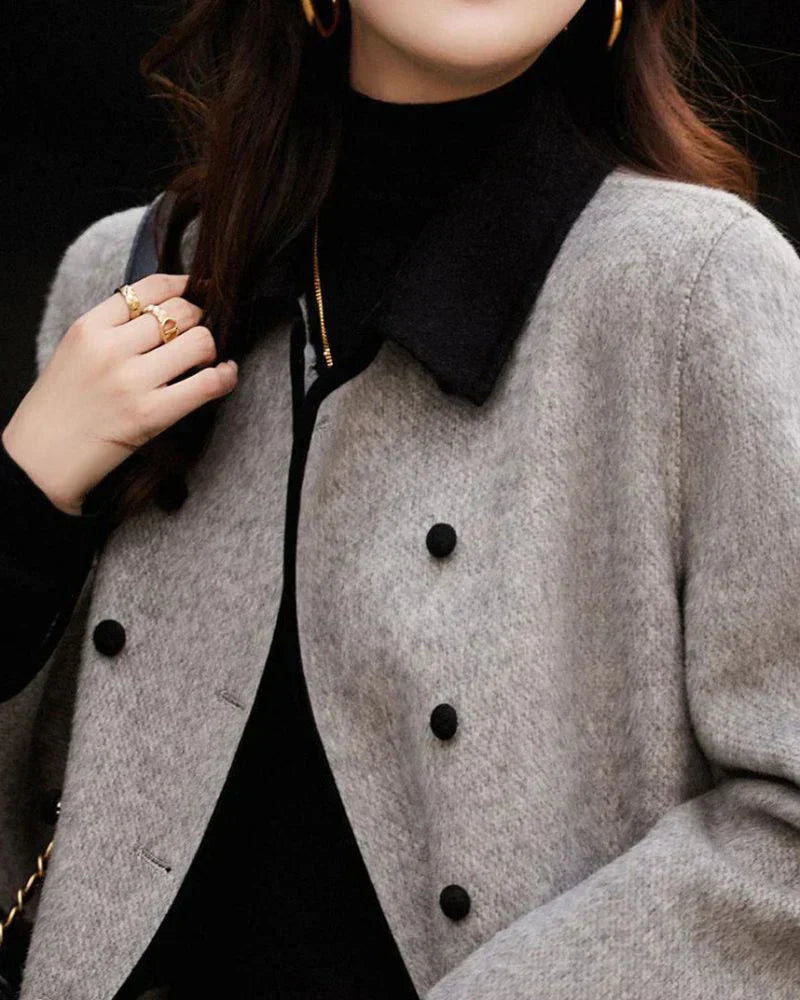 Manteau en laine contrastée premium pour femme – Élégant à boutons