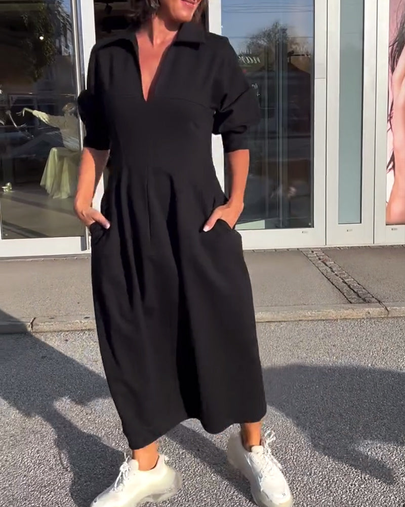 Robe Midi Femme à Col et Décolleté V – Coupe Élégante et Décontractée avec Poches pour un Confort Quotidien