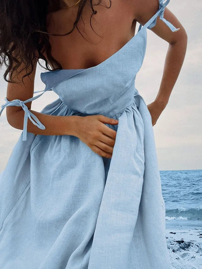 Robe d’Été Élégante en Lin Femme – Coupe Évasée Maxi Sans Manches Dos Nu