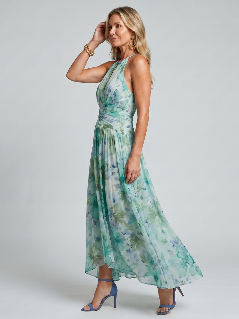 Robe midi fleurie femme plissee col halter - Raffinee et legere