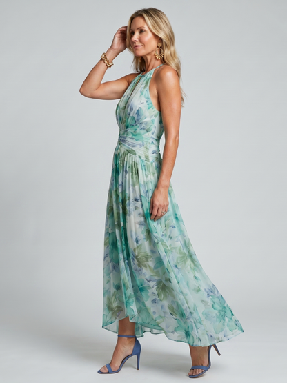 Robe midi fleurie femme plissee col halter - Raffinee et legere