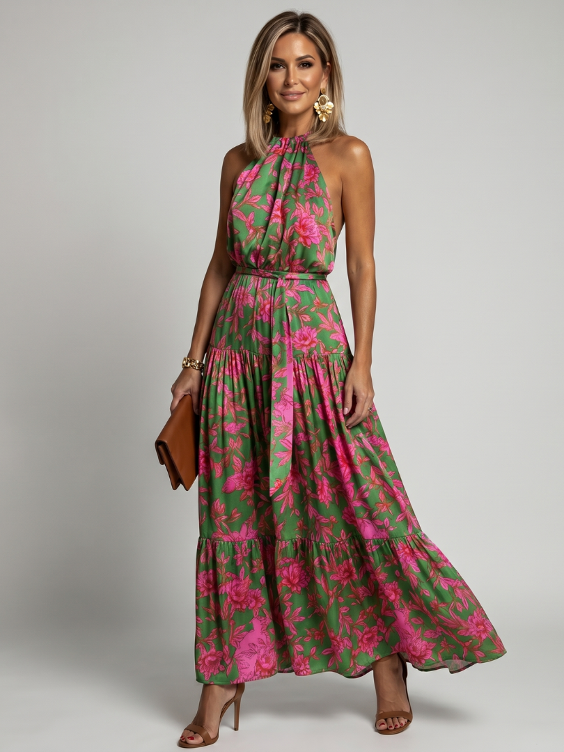 Women's Draped Midi Dress with Halter Neck - Chic and Flattering