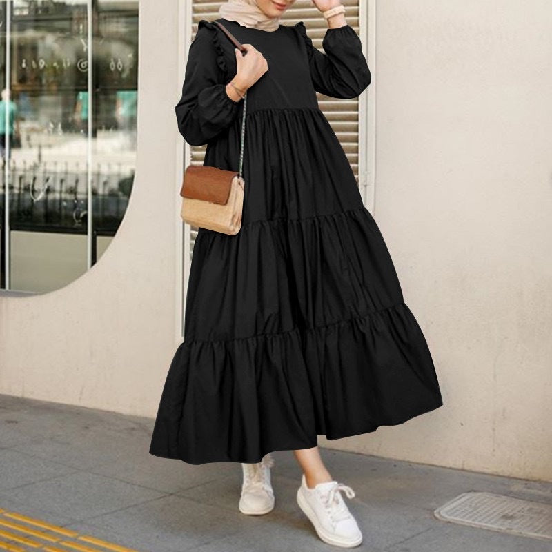 Robe Midi Femme à Manches Longues et Col Rond – Élégante et Flatteuse